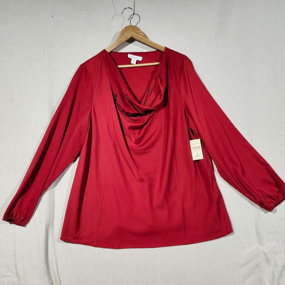 Coldwater Creek NWT Womens 1X Red Shimmer Drape Blouse Long Sleeve Sequin‎ Top